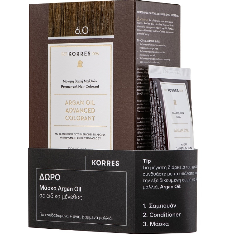 Korres Promo Argan Oil Βαφή Μαλλιών 6.0 Ξανθό Σκούρο, Χωρίς Αμμωνία 1 Τεμάχιο & Δώρο Post Color Hair Mask 40ml.