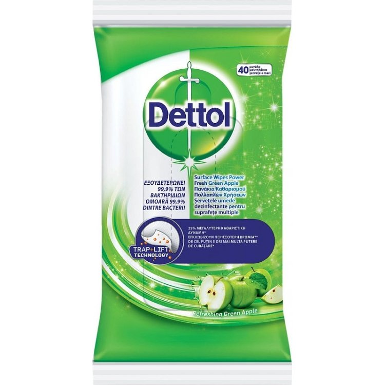 Dettol Υγρά Πανάκια Καθαρισμού Πολλαπλών Χρήσεων με Άρωμα Πράσινο Μήλο 40τμχ