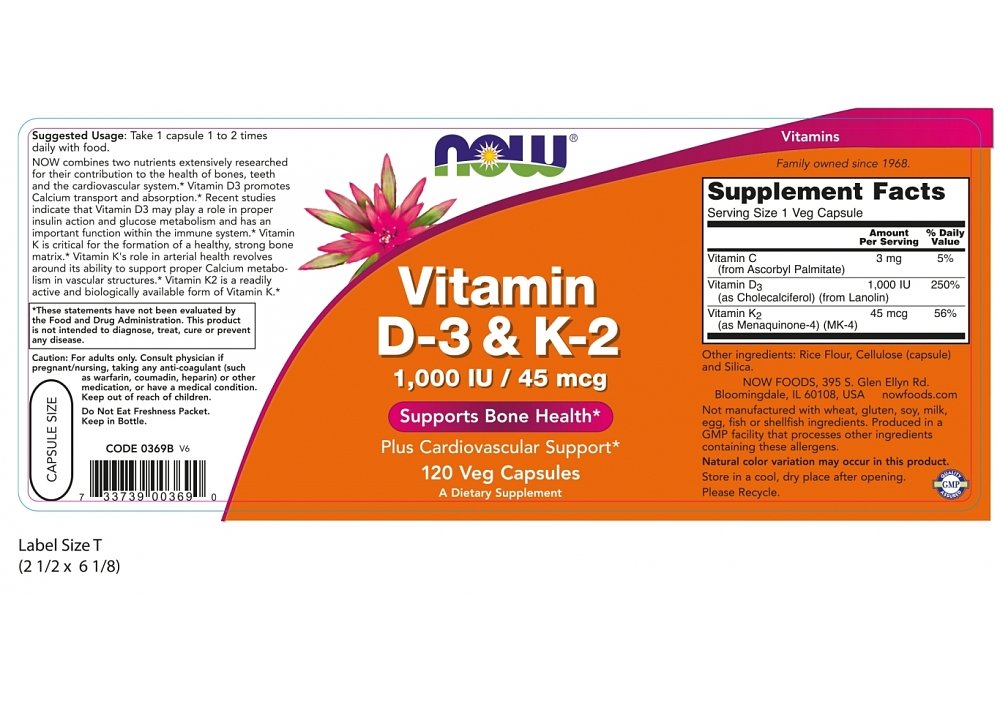 Now Foods Vitamin D-3 & K-2 1,000IU/45mcg 120veg.caps