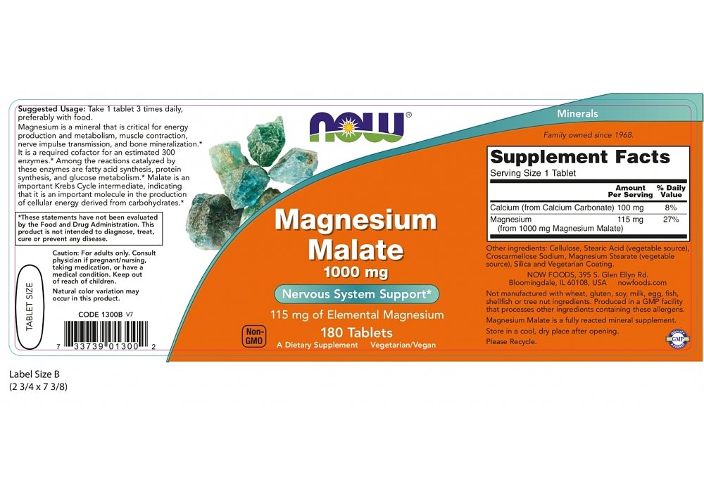 Now Foods Magnesium Malate 1000mg (115mg of Elemental Magnesium) 180tabs