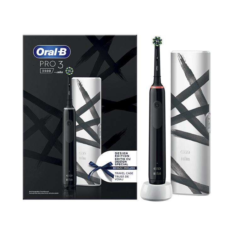 ORAL B Pro 3 3500 Design Edition Black Ηλεκτρική Οδοντόβουρτσα Μαύρη & Θήκη Ταξιδιού 1 τμχ