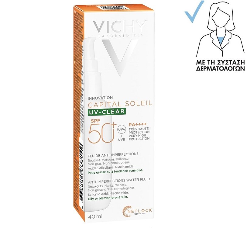 Vichy Capital Soleil UV-Clear SPF50+ Λεπτόρρευστο Αντηλιακό Προσώπου κατά των Ατελειών 40ml