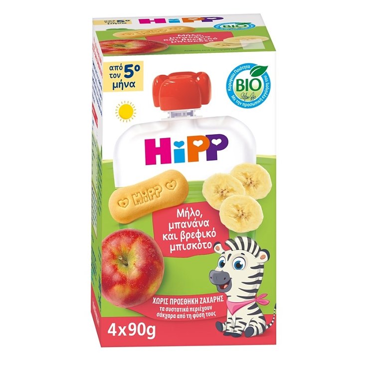 Hipp Φρουτοπολτός Μήλο, Μπανάνα και Βρεφικό Μπισκότο Aπό το 5ο Μήνα ,4 x 90gr