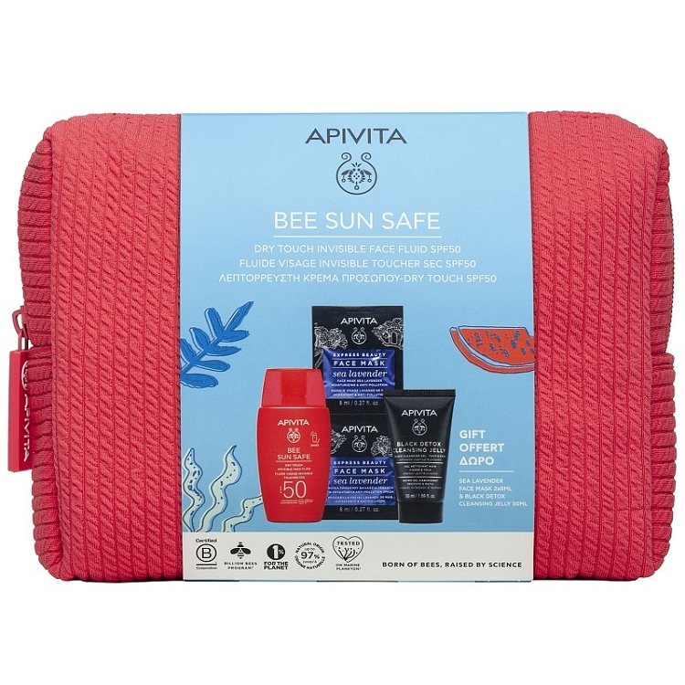 Apivita Promo Bee Sun Safe Dry Touch Invisible Face Fluid Spf50, 50ml & Δώρο Black Detox Cleansing Jelly 50ml & Express Face Mask Sea Levander 16ml (2x8ml) & Δώρο Κοραλί Νεσεσέρ