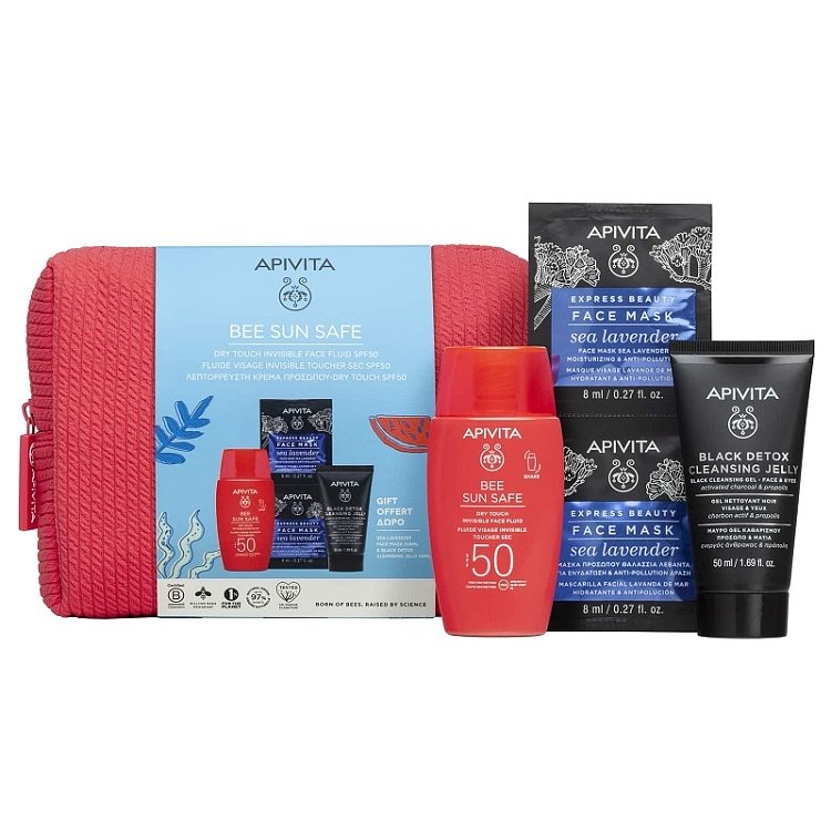 Apivita Promo Bee Sun Safe Dry Touch Invisible Face Fluid Spf50, 50ml & Δώρο Black Detox Cleansing Jelly 50ml & Express Face Mask Sea Levander 16ml (2x8ml) & Δώρο Κοραλί Νεσεσέρ