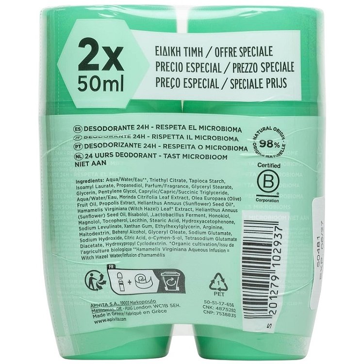 Apivita Bee Fresh 24h Deodorant Roll-On Αποσμητικό 24ωρης Δράσης Promo 2x50ml