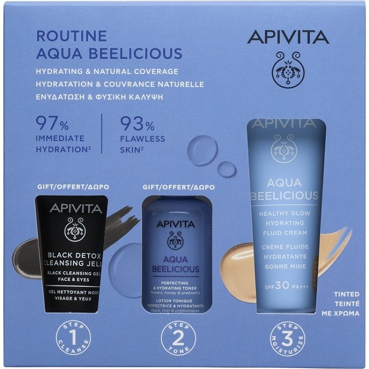 Apivita Promo Αqua Beelicious Ενυδάτωση & Φυσική Κάλυψη με Αqua Beelicious Ενυδατική Κρέμα με Χρώμα Ελαφριάς Υφής SPF 30 & Δώρο Αqua Beelicious Ενυδατικό Τόνερ, 50ml & Black Dettox Gel Καθαρισμού, 15ml