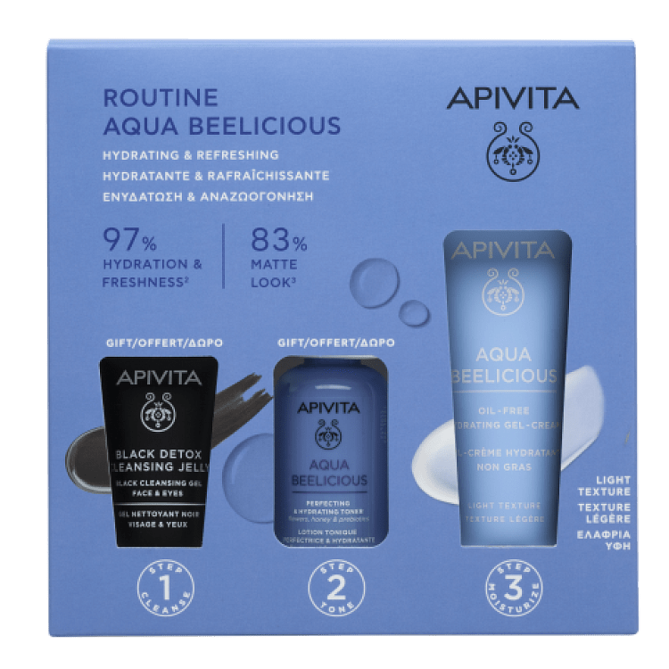 Apivita Routine Aqua Beelicious Κρέμα Ενυδάτωσης Ελαφριάς Υφής, 40ml ΔΩΡΟ Black Detox Τζελ Καθαρισμού, 15ml & Aqua Beelicious Λοσιόν Ενυδάτωσης, 50ml