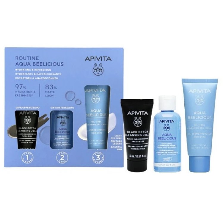 Apivita Routine Aqua Beelicious Κρέμα Ενυδάτωσης Ελαφριάς Υφής, 40ml ΔΩΡΟ Black Detox Τζελ Καθαρισμού, 15ml & Aqua Beelicious Λοσιόν Ενυδάτωσης, 50ml