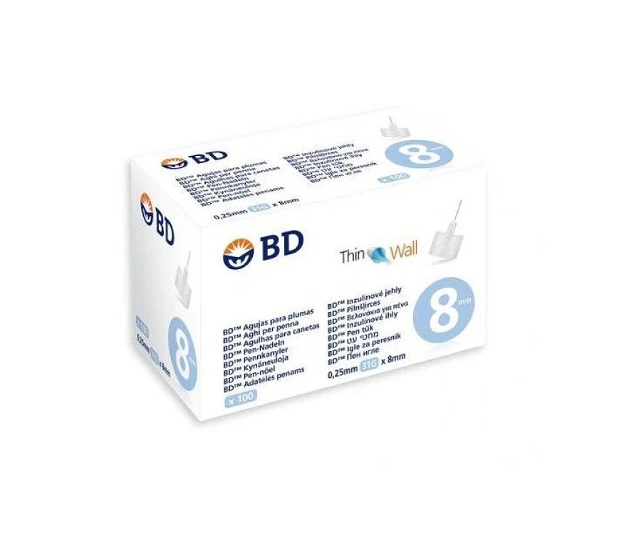BD Thin Wall Αποστειρωμένες Βελόνες για Πένες Ινσουλίνης 0.25mm 31G x8mm 100τμχ