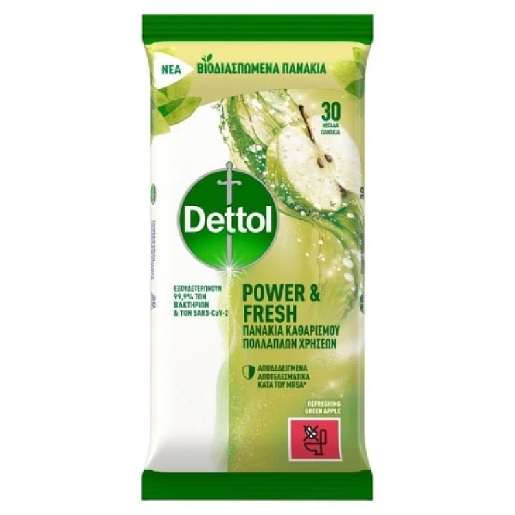 Dettol Υγρά Βιοδιασπώμενα Πανάκια Καθαρισμού Πολλαπλών Χρήσεων με Άρωμα Πράσινο Μήλο 30τμχ