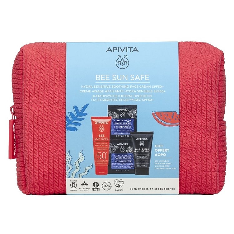 Apivita Promo Bee Sun Safe Hydra Sensitive Soothing Face Cream Spf50+, 50ml & Δώρο Black Detox Cleansing Jelly 50ml & Express Face Mask Sea Levander 16ml (2x8ml) & Δώρο Κοραλί Νεσεσέρ