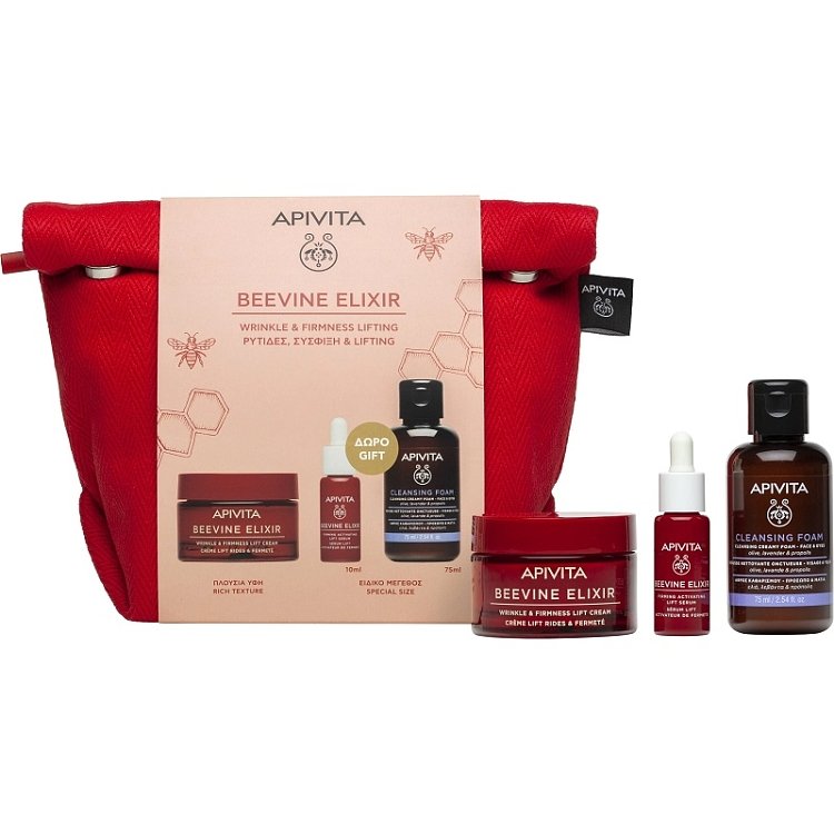 Apivita Promo Beevine Elixir με Beevine Elixir Κρέμα Προσώπου Πλούσιας Υφής για Σύσφιξη & κατά των Ρυτίδων, 50ml & Δώρο Beevine Elixir Serum Ορός Προσώπου για Σύσφιξη & κατά των Ρυτίδων, 10ml, Αφρό Καθαρισμού, 75ml & Nεσεσέρ