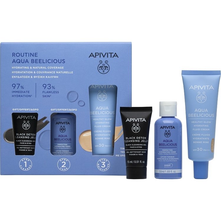Apivita Promo Αqua Beelicious Ενυδάτωση & Φυσική Κάλυψη με Αqua Beelicious Ενυδατική Κρέμα με Χρώμα Ελαφριάς Υφής SPF 30 & Δώρο Αqua Beelicious Ενυδατικό Τόνερ, 50ml & Black Dettox Gel Καθαρισμού, 15ml