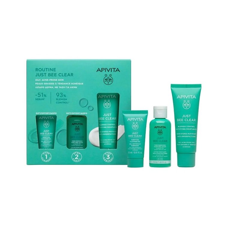 Apivita PROMO Just Bee Clear Blemish Control Mattifying Moisturizer Κρέμα Κατά των Ατελειών 40ml & Pore Minimizing Purifying Lotion Σύσφιξης Πόρων 50ml & Purifying Cleansing Gel Καθαρισμού 15ml