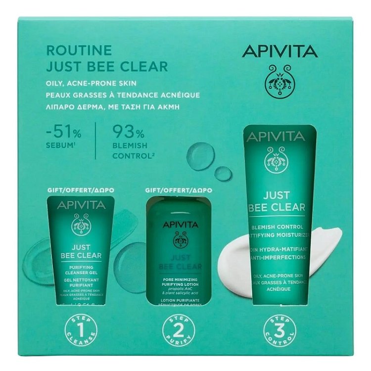 Apivita PROMO Just Bee Clear Blemish Control Mattifying Moisturizer Κρέμα Κατά των Ατελειών 40ml & Pore Minimizing Purifying Lotion Σύσφιξης Πόρων 50ml & Purifying Cleansing Gel Καθαρισμού 15ml