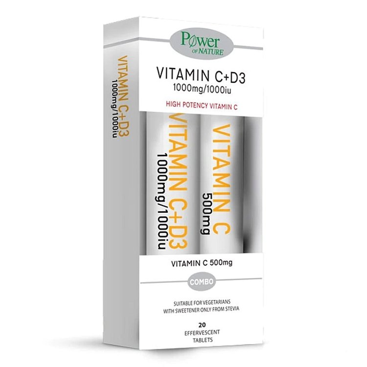 Power of Nature Promo (1+1) Vitamin C+D3 1000mg/1000iu 20tabs & Vitamin C 500mg, 20tabs με Στέβια
