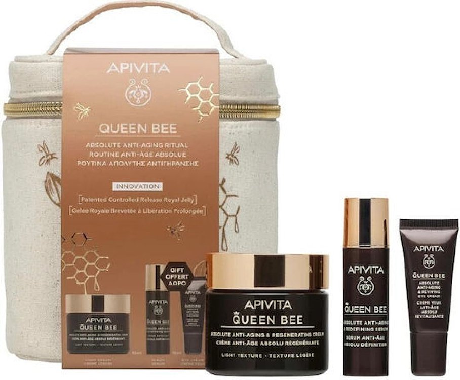 Apivita Promo Queen Bee Κρέμα Ημέρας Ελαφριάς Υφής Απόλυτης Αντιγήρανσης & Αναγέννησης με Βασιλικό Πολτό, 50ml & ΔΩΡΟ Ορός Απόλυτης Αντιγήρανσης, 10ml & Κρέμα Ματιών, 5ml