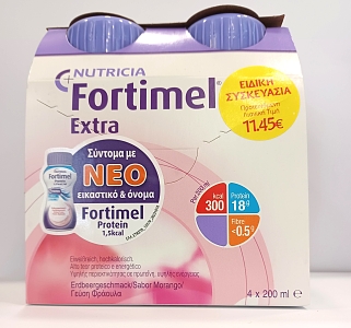 Nutricia Fortimel Extra Υπερπρωτεϊνικό Ρόφημα Γεύση Φράουλα 4x200ml