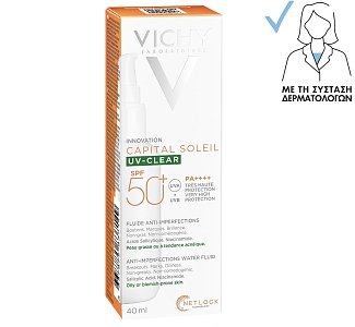 Vichy Capital Soleil UV-Clear SPF50+ Λεπτόρρευστο Αντηλιακό Προσώπου κατά των Ατελειών 40ml