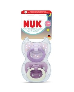 Nuk First Choice Classic Πιπίλες Day & Night Σιλικόνης Μωβ Με Καρδούλες Με Θήκη 6-18 Μηνών 2τμχ