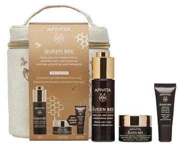Apivita Queen Bee-Ορός Ολιστικής Αντιγήρανσης με Βασιλικό Πολτό, 30ml & Queen Bee Κρέμα Ημέρας Ελαφριάς Υφής Απόλυτης Αντιγήρανσης & Αναγέννησης με Βασιλικό Πολτό, 15ml & Eye Cream-Κρέμα Ματιών, 5ml