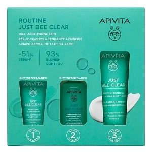 Apivita PROMO Just Bee Clear Blemish Control Mattifying Moisturizer Κρέμα Κατά των Ατελειών 40ml & Pore Minimizing Purifying Lotion Σύσφιξης Πόρων 50ml & Purifying Cleansing Gel Καθαρισμού 15ml