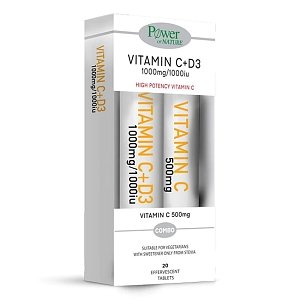 Power of Nature Promo (1+1) Vitamin C+D3 1000mg/1000iu 20tabs & Vitamin C 500mg, 20tabs με Στέβια
